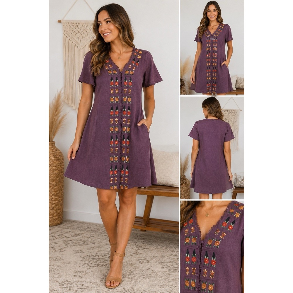 Roolee Purple Embroidered Linen Cotton Boho Shift Dress M Floral Cottagecore